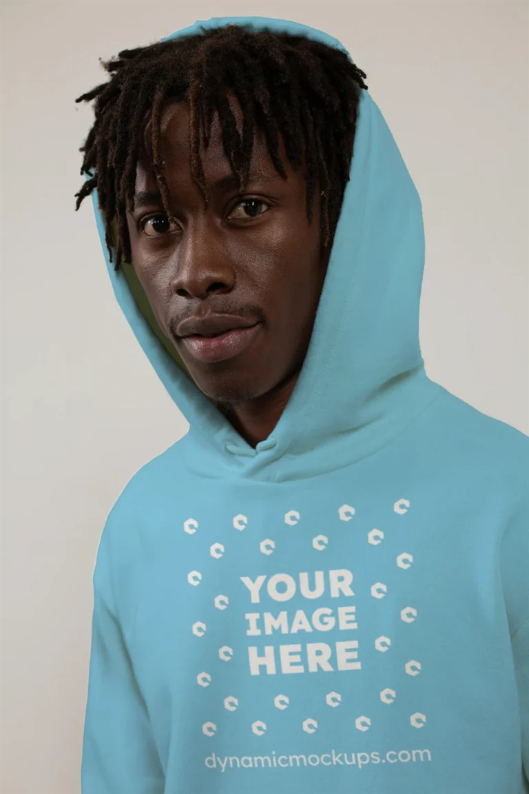 Man Wearing Sky Blue Hoodie Mockup Front View Template