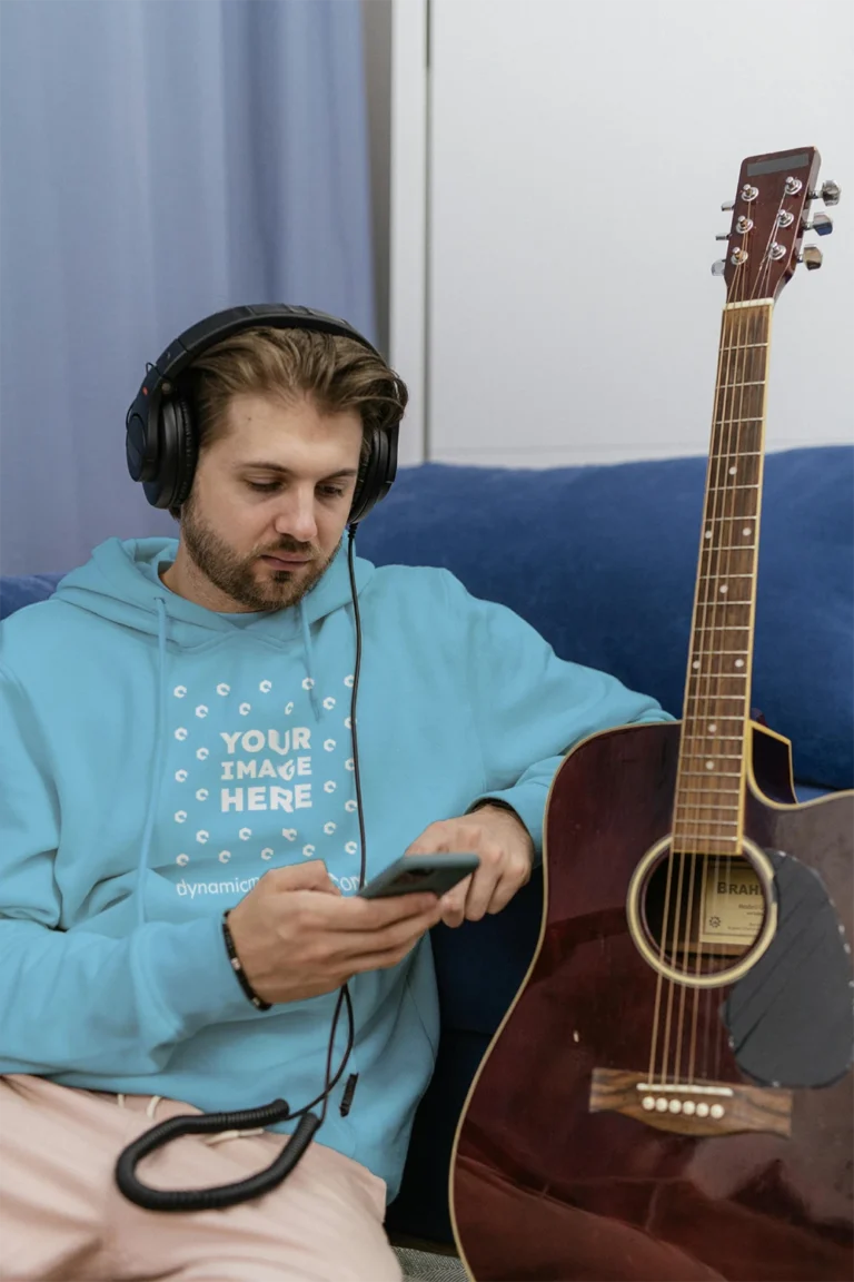 Man Wearing Sky Blue Hoodie Mockup Front View Template