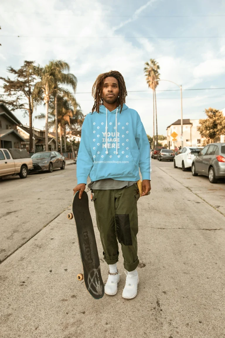 Man Wearing Sky Blue Hoodie Mockup Front View Template