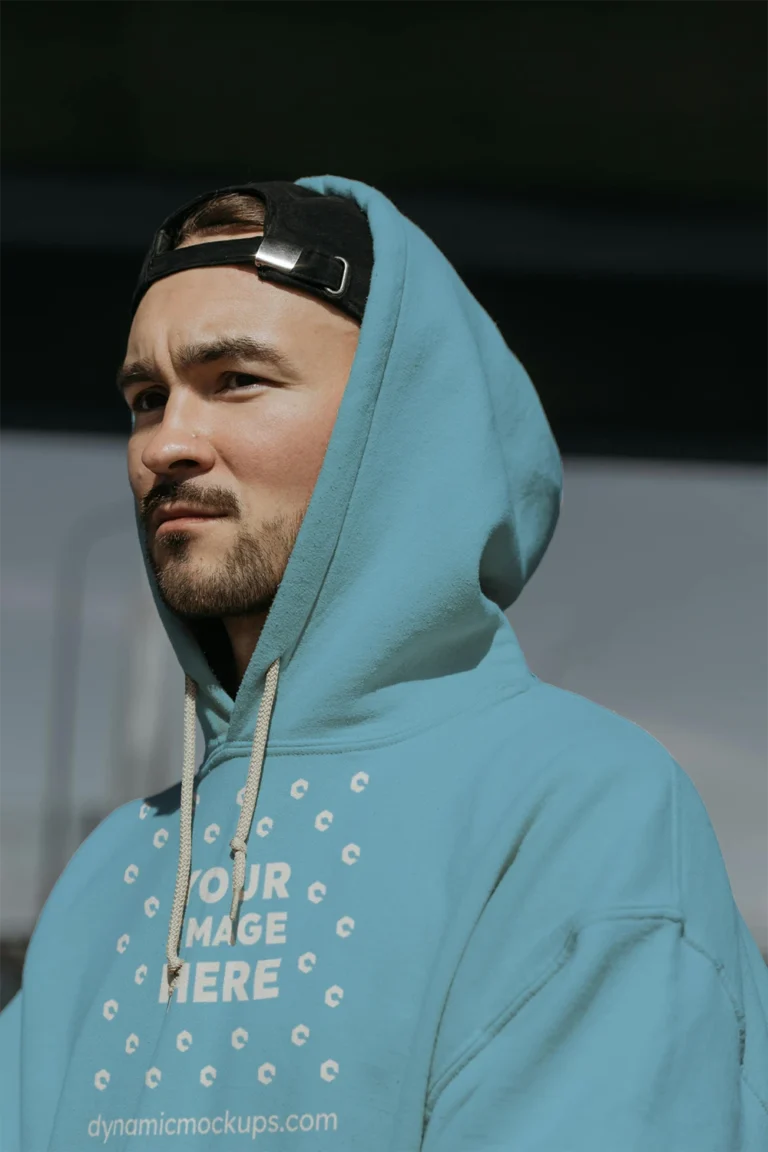 Man Wearing Sky Blue Hoodie Mockup Front View Template
