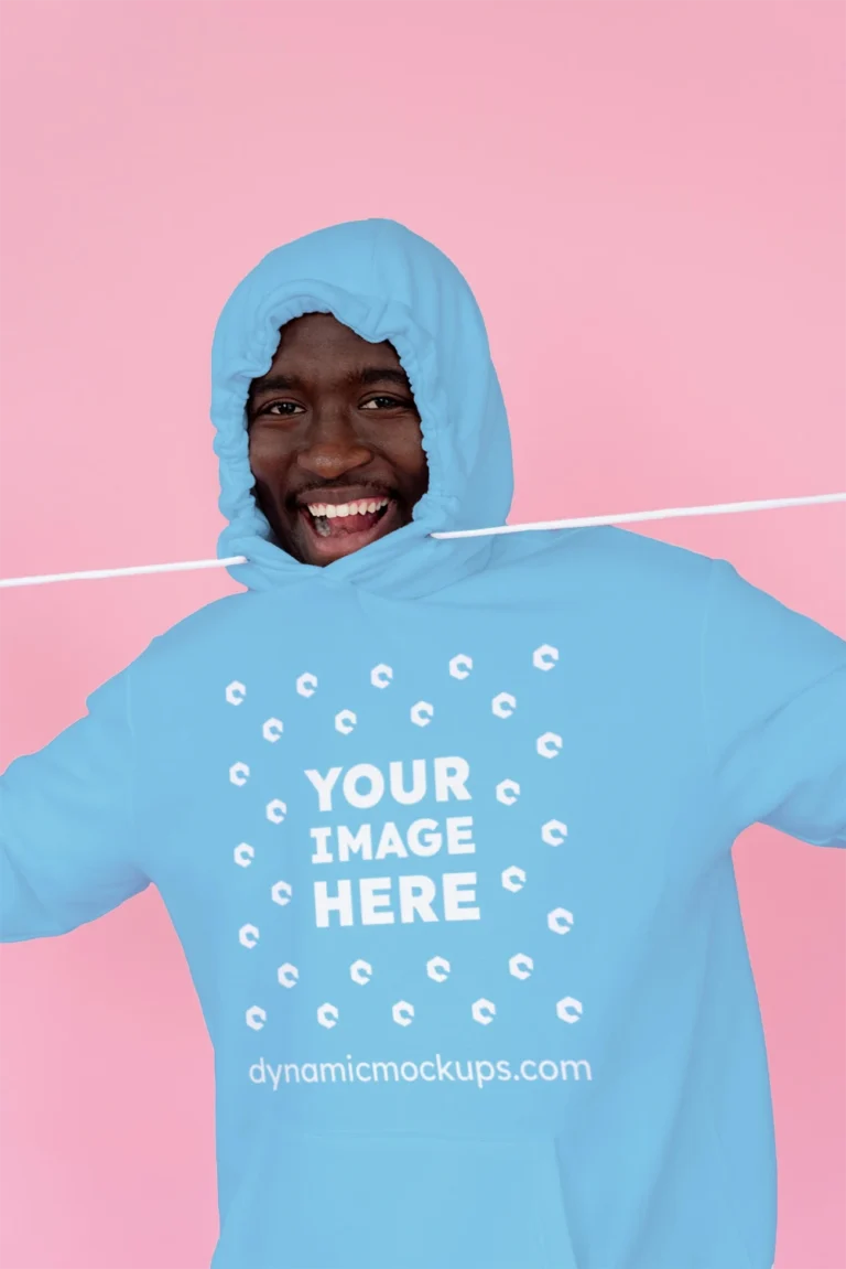 Man Wearing Sky Blue Hoodie Mockup Front View Template