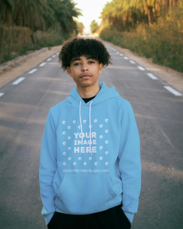 Man Wearing Sky Blue Hoodie Mockup Front View Template