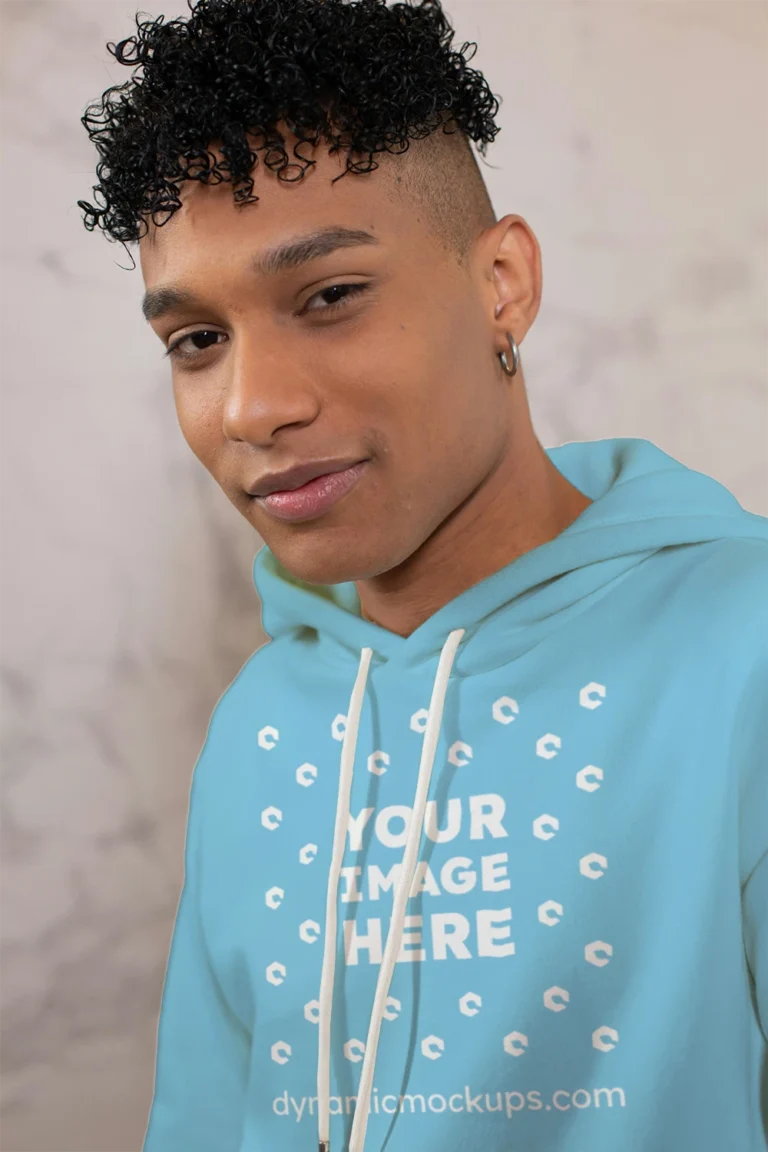 Man Wearing Sky Blue Hoodie Mockup Front View Template