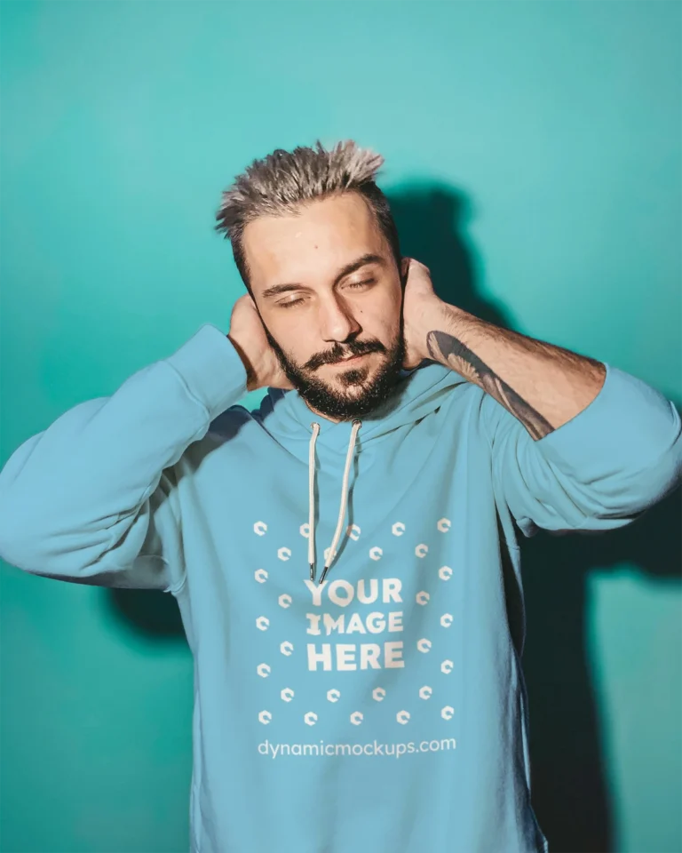 Man Wearing Sky Blue Hoodie Mockup Front View Template