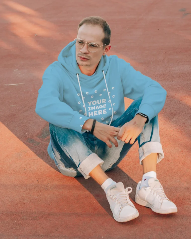 Man Wearing Sky Blue Hoodie Mockup Front View Template