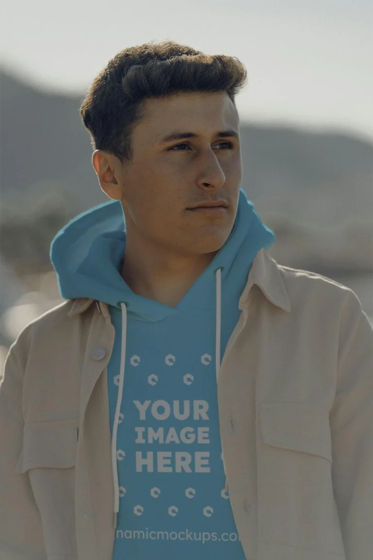 Man Wearing Sky Blue Hoodie Mockup Front View Template