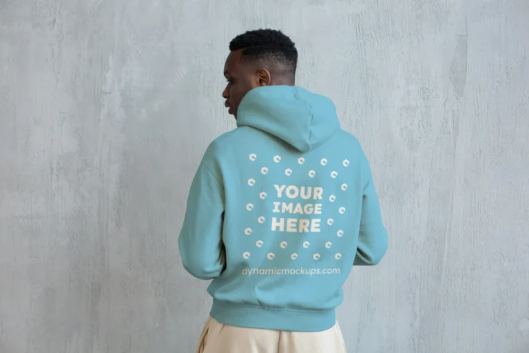 Man Wearing Sky Blue Hoodie Mockup Back View Template