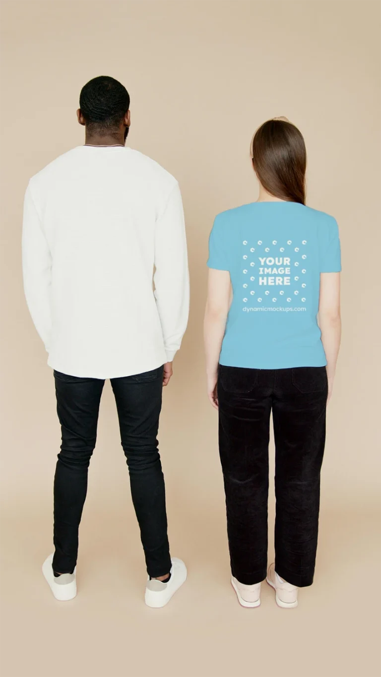 Man Wearing Sky Blue T-shirt Mockup Back View Template