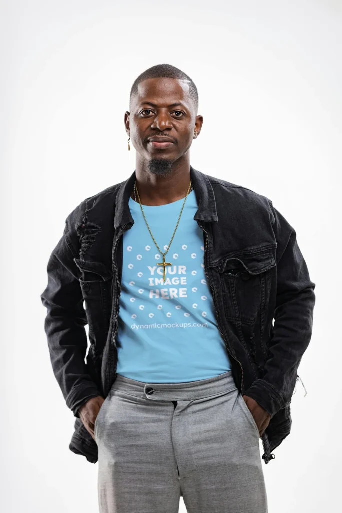 Man Wearing Sky Blue T-shirt Mockup Front View Template