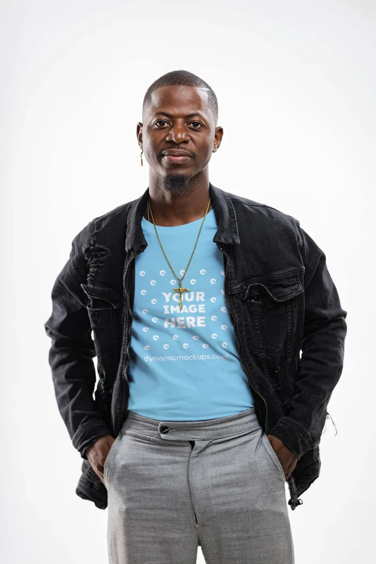 Man Wearing Sky Blue T-shirt Mockup Front View Template