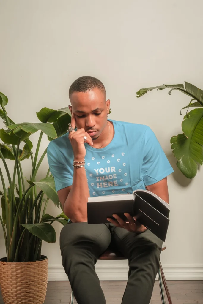 Man Wearing Sky Blue T-shirt Mockup Front View Template
