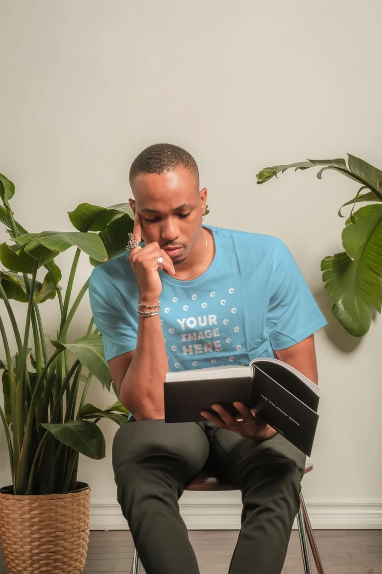 Man Wearing Sky Blue T-shirt Mockup Front View Template