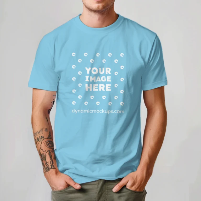 Man Wearing Sky Blue T-shirt Mockup Front View Template