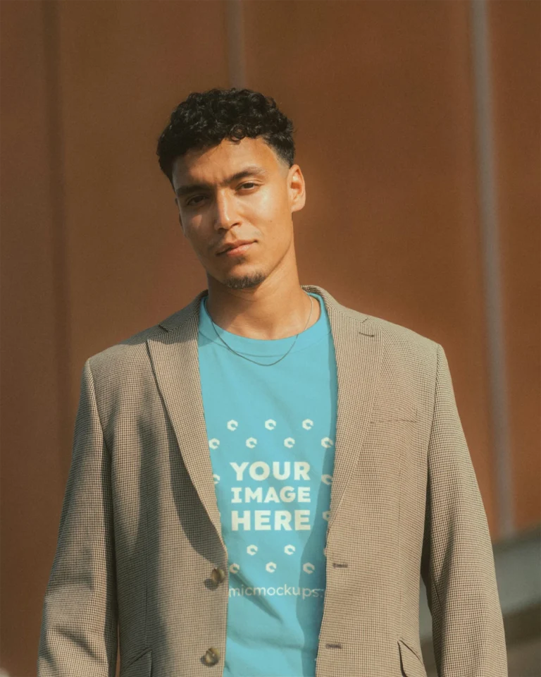 Man Wearing Sky Blue T-shirt Mockup Front View Template