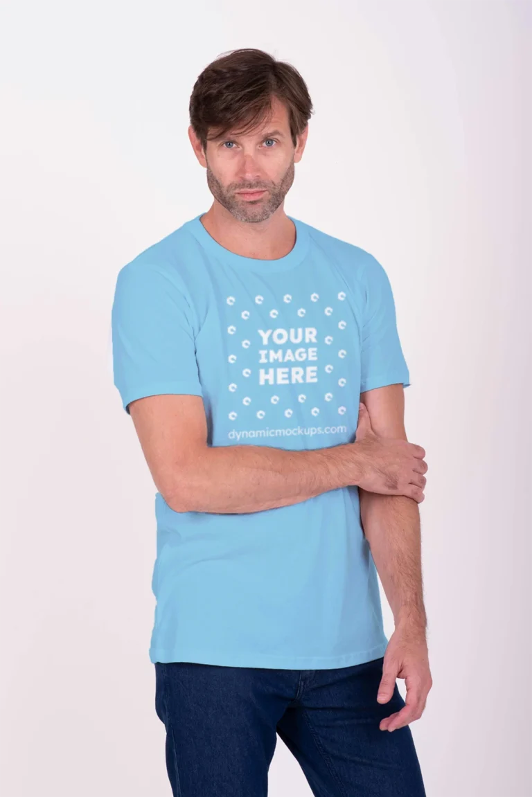 Man Wearing Sky Blue T-shirt Mockup Front View Template