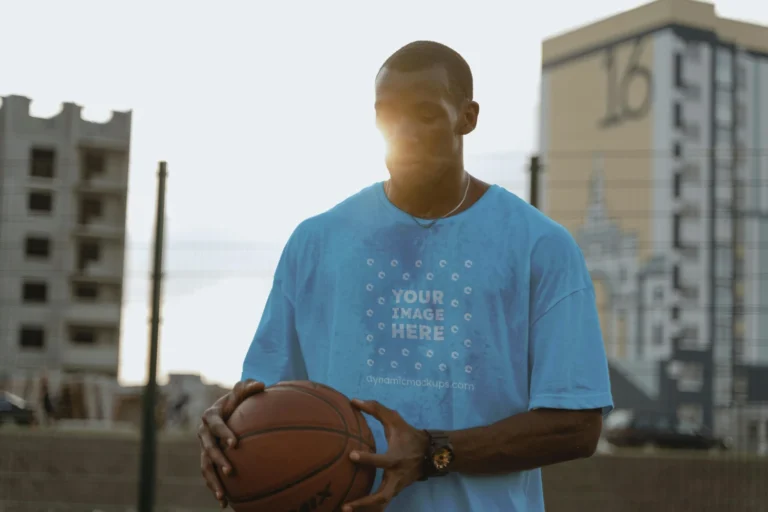 Man Wearing Sky Blue T-shirt Mockup Front View Template