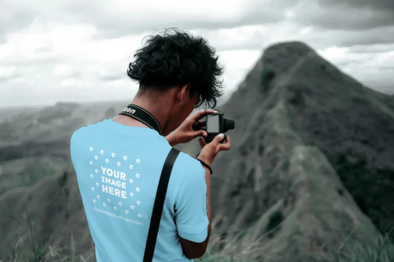Man Wearing Sky Blue T-shirt Mockup Back View Template