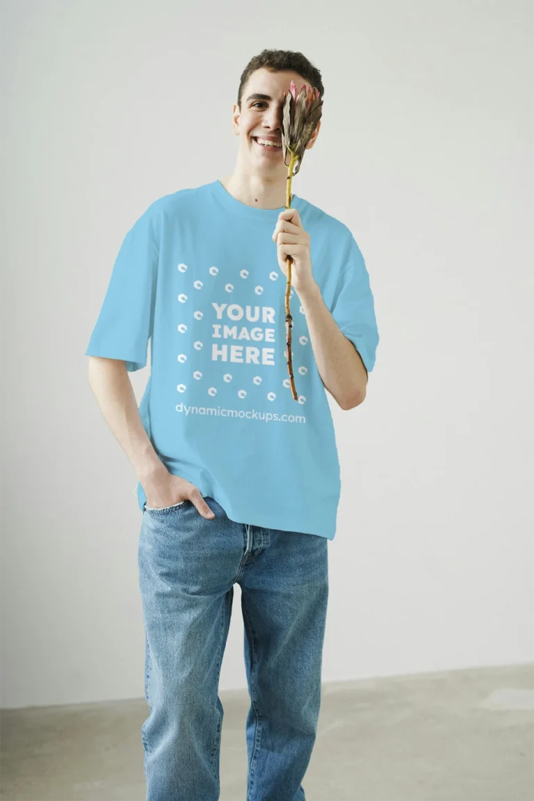 Man Wearing Sky Blue T-shirt Mockup Front View Template