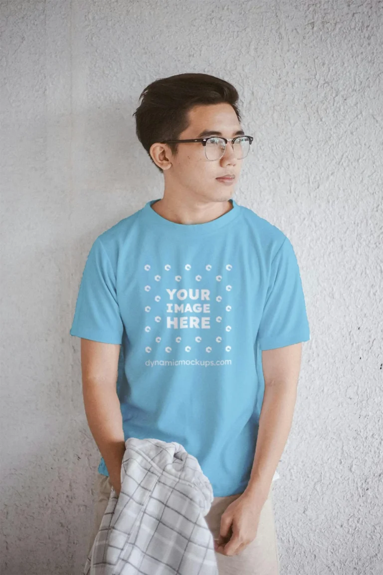 Man Wearing Sky Blue T-shirt Mockup Front View Template