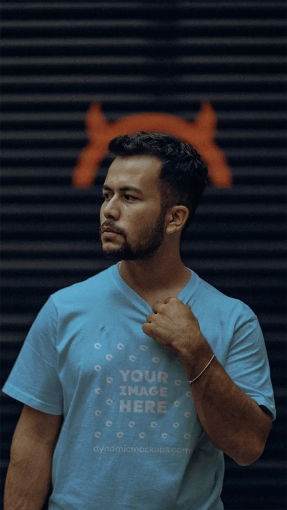 Man Wearing Sky Blue T-shirt Mockup Front View Template