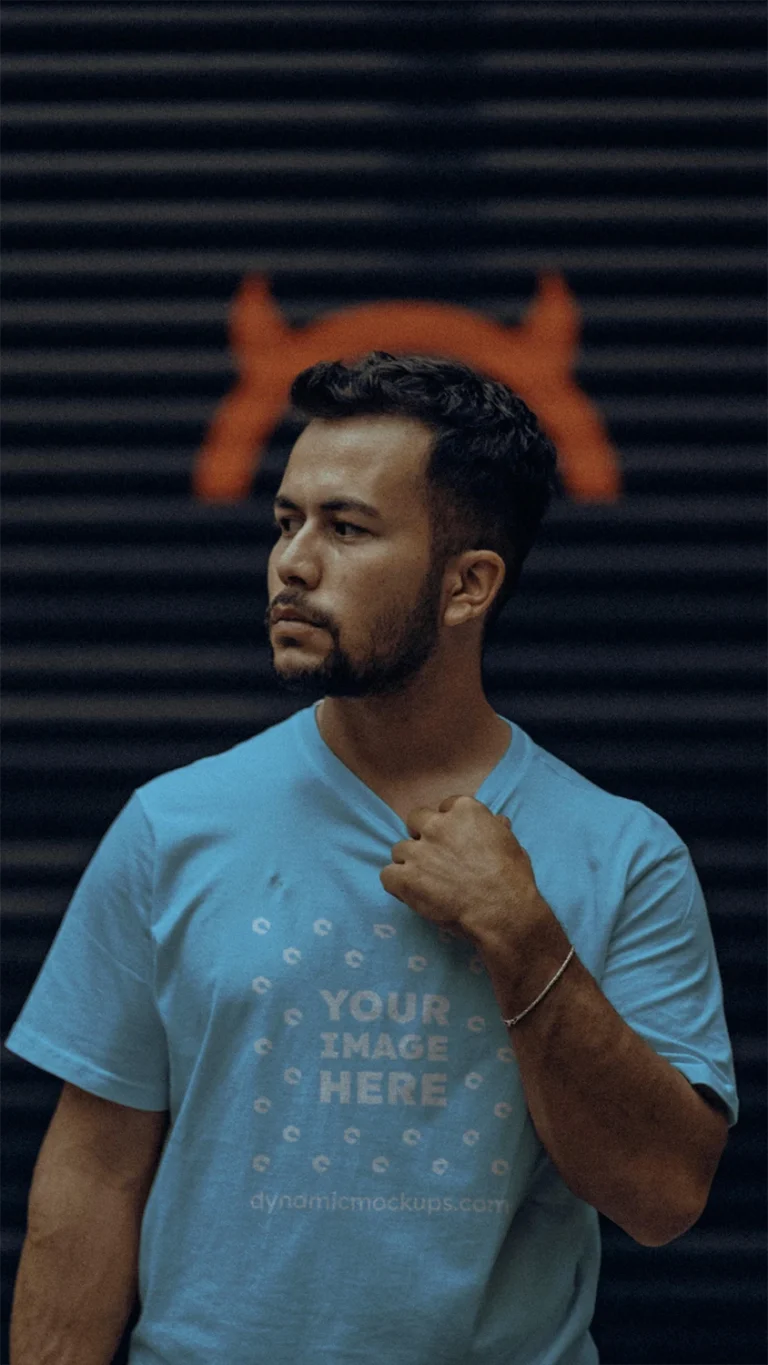 Man Wearing Sky Blue T-shirt Mockup Front View Template