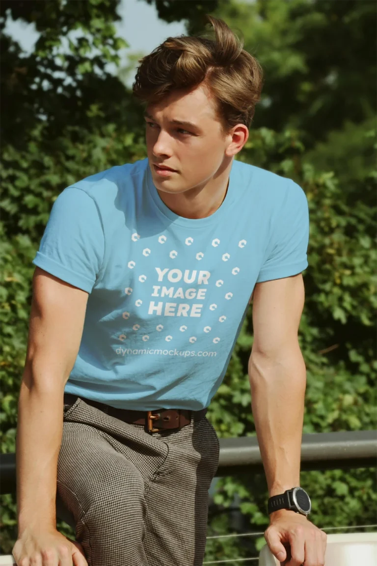 Man Wearing Sky Blue T-shirt Mockup Front View Template