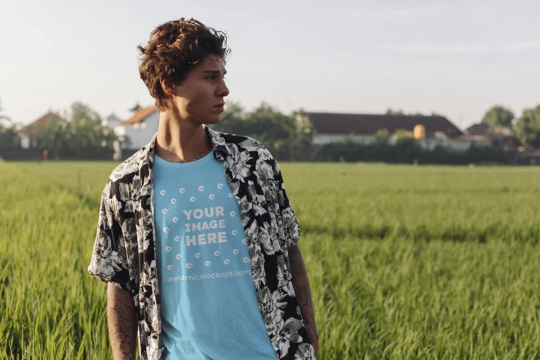Man Wearing Sky Blue T-shirt Mockup Front View Template