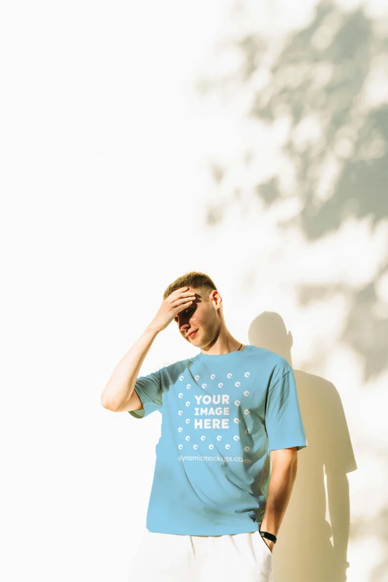 Man Wearing Sky Blue T-shirt Mockup Front View Template