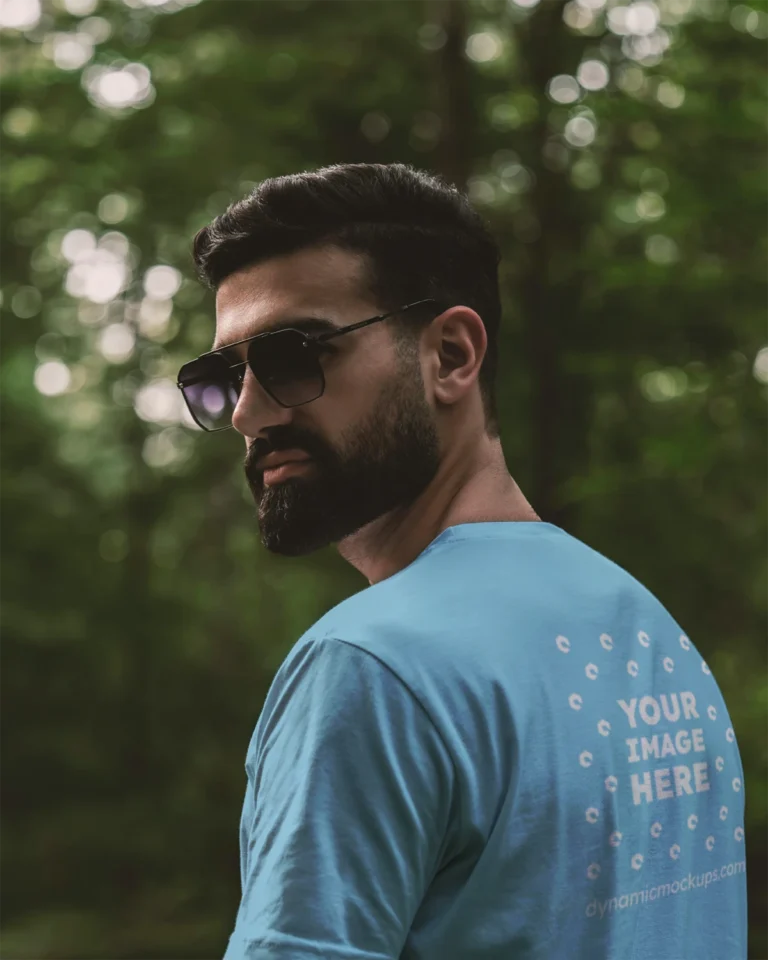 Man Wearing Sky Blue T-shirt Mockup Back View Template