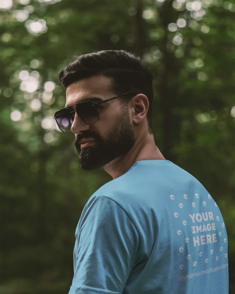 Man Wearing Sky Blue T-shirt Mockup Back View Template