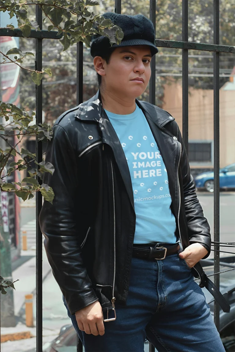 Man Wearing Sky Blue T-shirt Mockup Front View Template