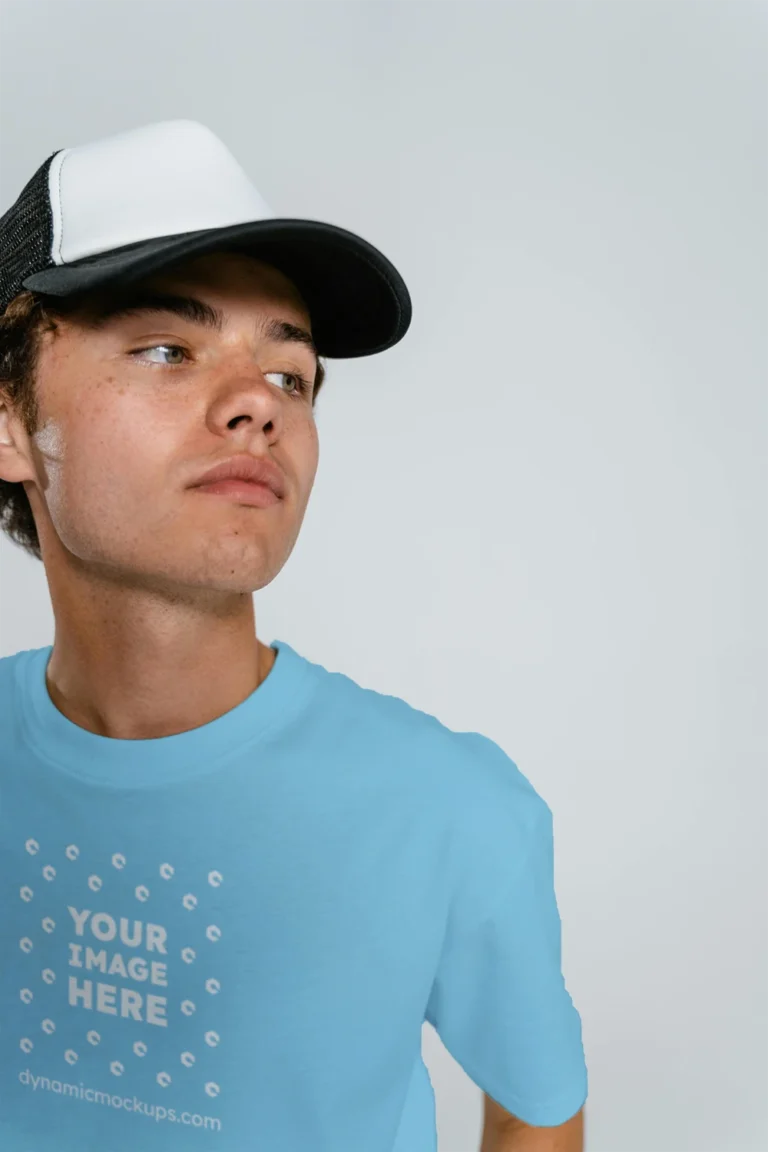 Man Wearing Sky Blue T-shirt Mockup Front View Template