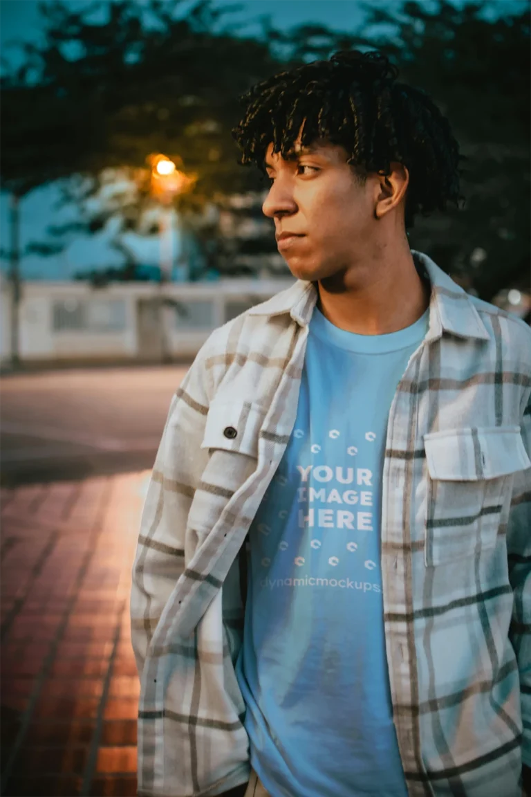 Man Wearing Sky Blue T-shirt Mockup Front View Template