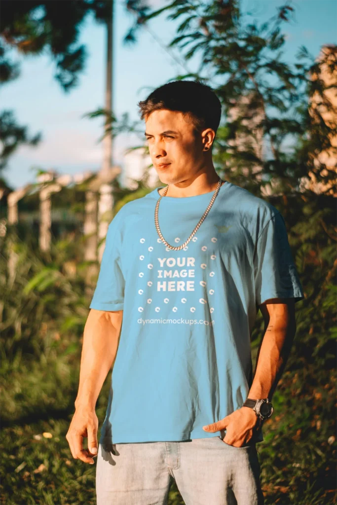 Man Wearing Sky Blue T-shirt Mockup Front View Template