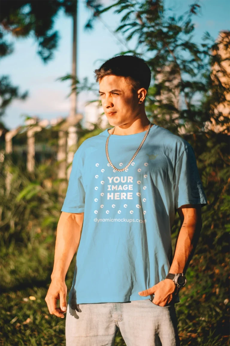 Man Wearing Sky Blue T-shirt Mockup Front View Template