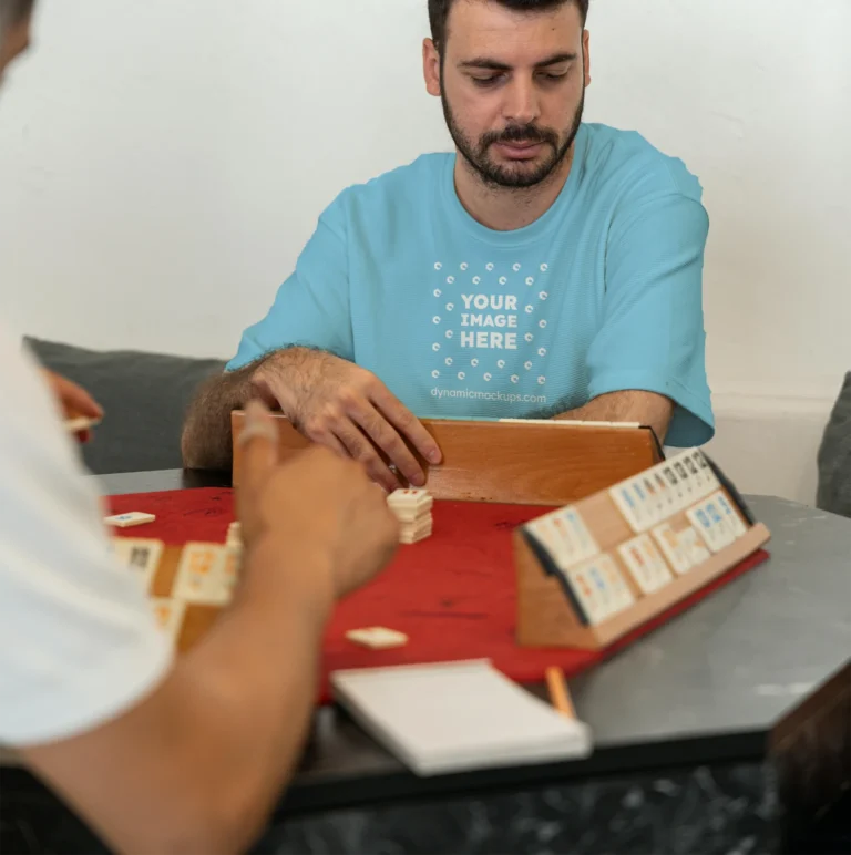 Man Wearing Sky Blue T-shirt Mockup Front View Template