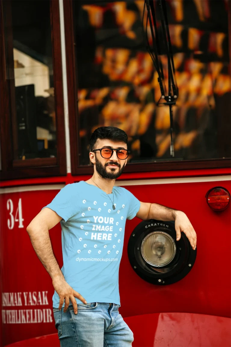Man Wearing Sky Blue T-shirt Mockup Front View Template