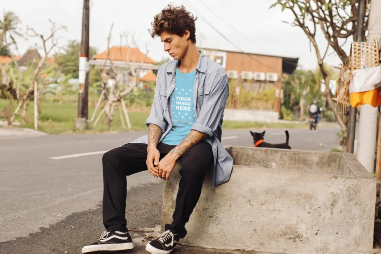 Man Wearing Sky Blue T-shirt Mockup Front View Template