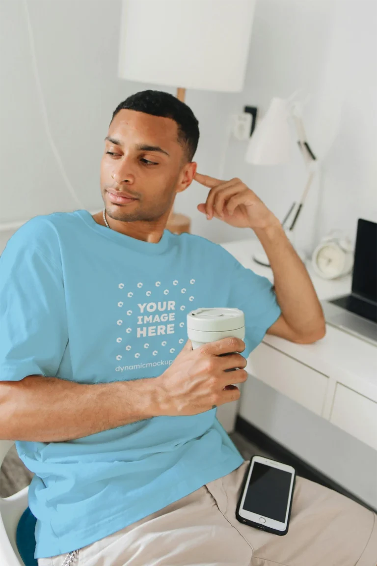 Man Wearing Sky Blue T-shirt Mockup Front View Template