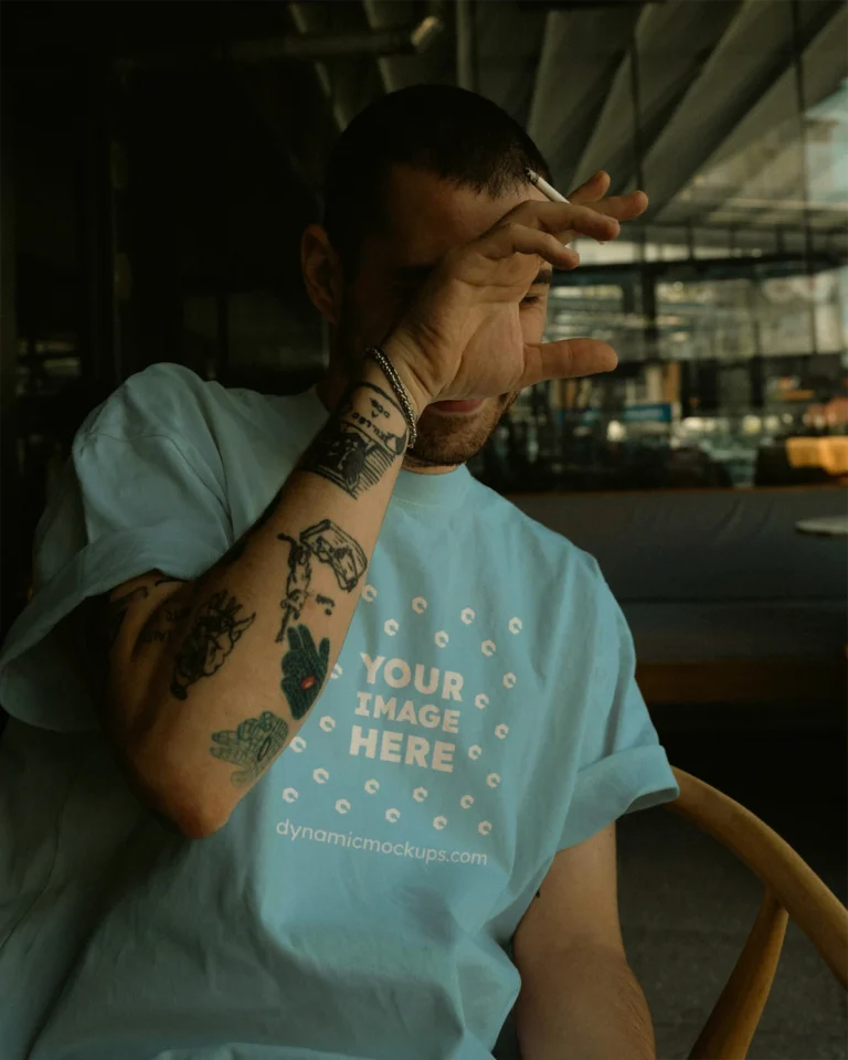 Man Wearing Sky Blue T-shirt Mockup Front View Template