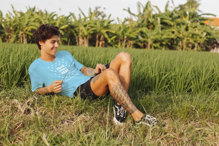 Man Wearing Sky Blue T-shirt Mockup Front View Template
