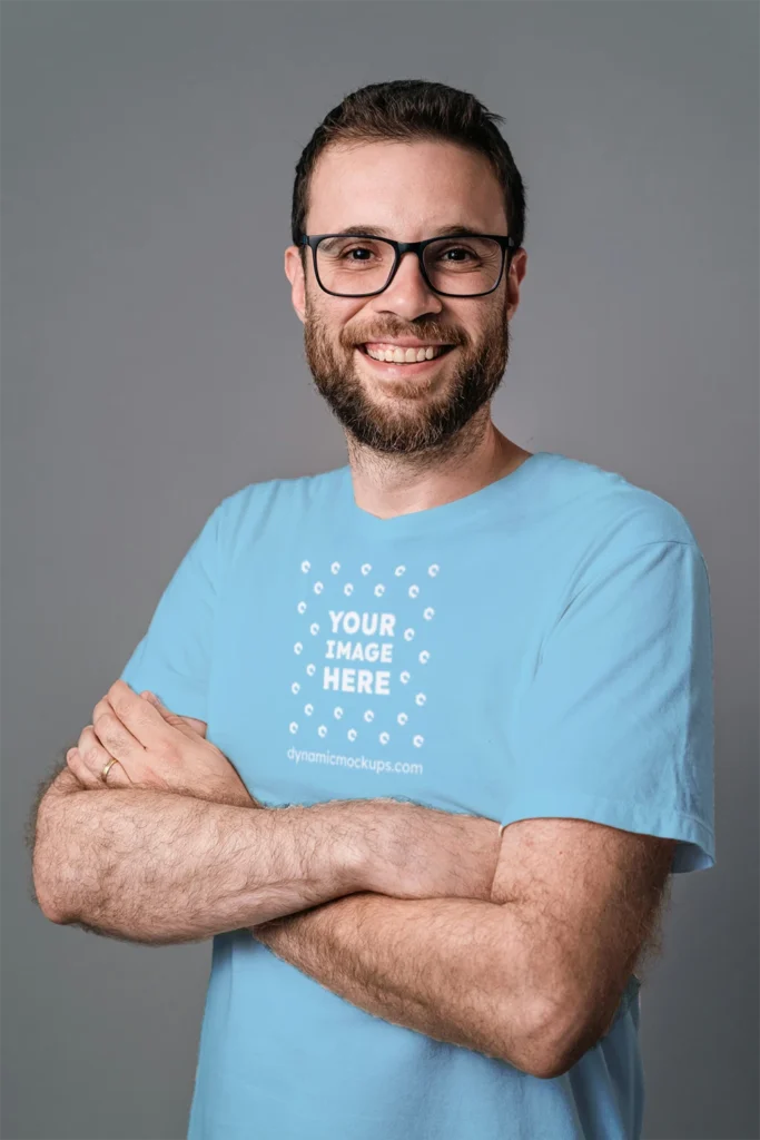 Man Wearing Sky Blue T-shirt Mockup Front View Template