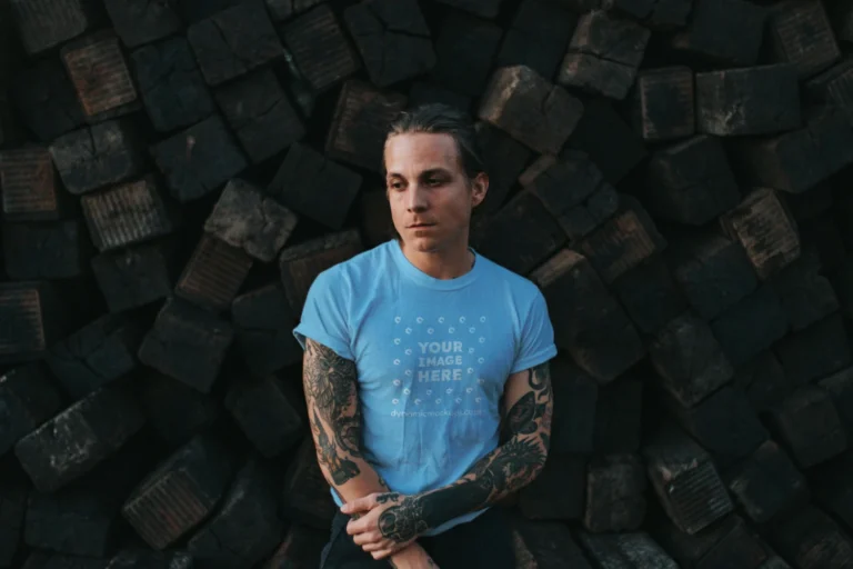 Man Wearing Sky Blue T-shirt Mockup Front View Template
