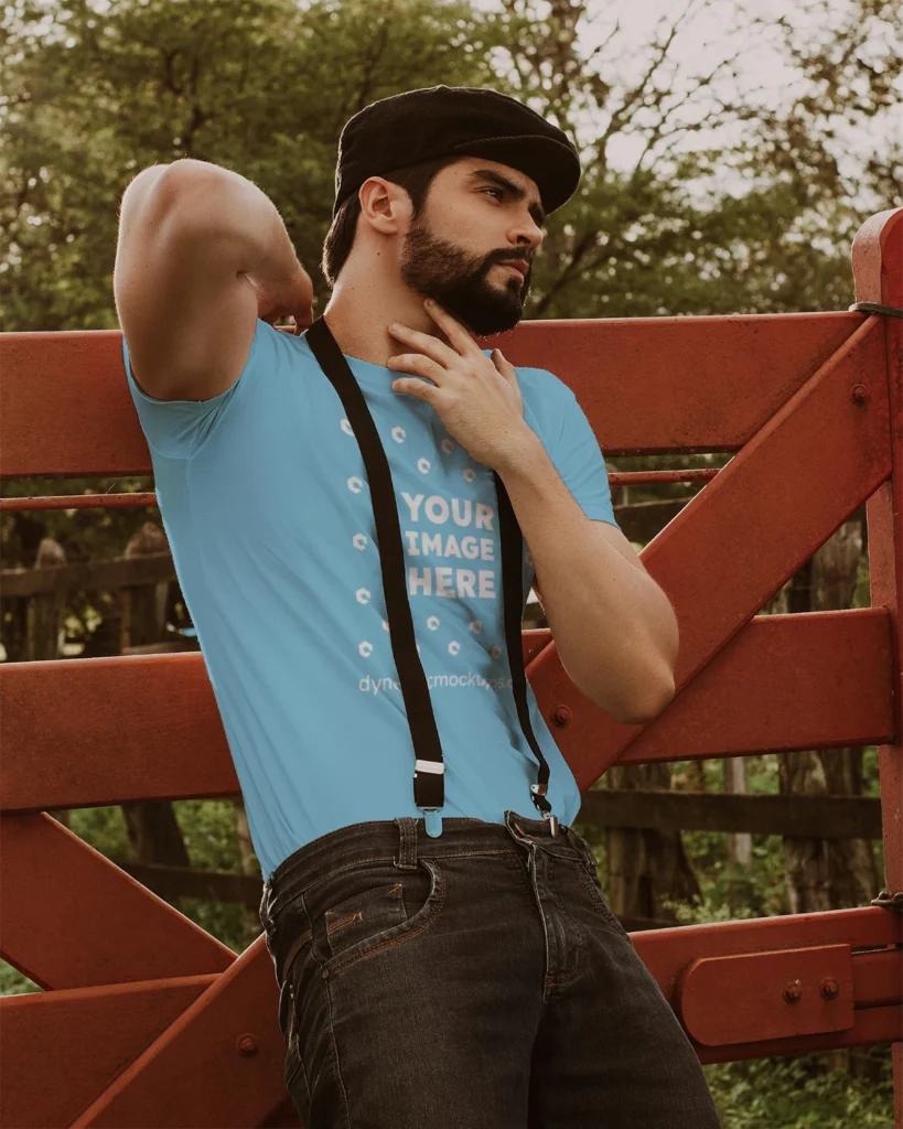 Man Wearing Sky Blue T-shirt Mockup Front View Template