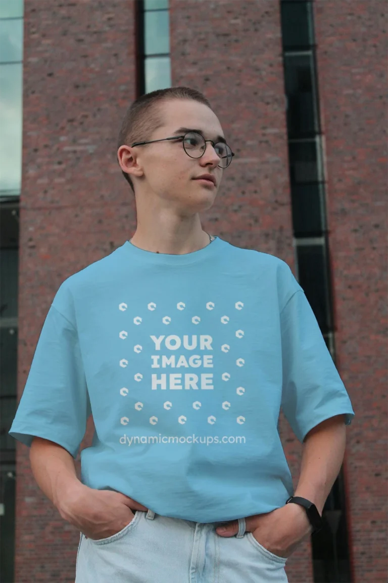 Man Wearing Sky Blue T-shirt Mockup Front View Template