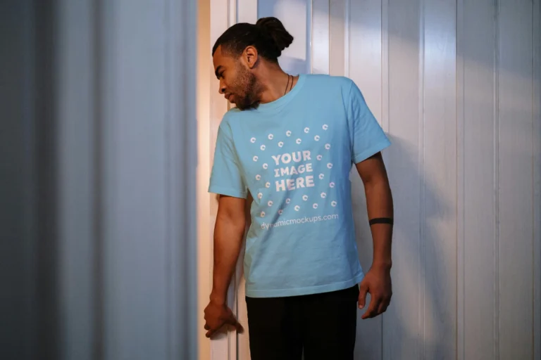 Man Wearing Sky Blue T-shirt Mockup Front View Template