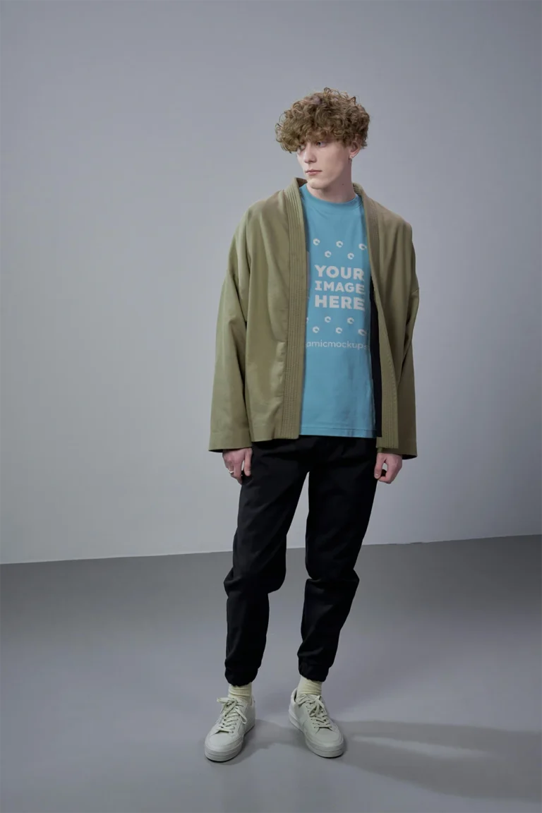 Man Wearing Sky Blue T-shirt Mockup Front View Template