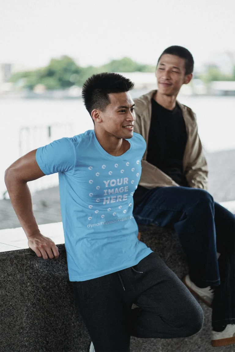 Man Wearing Sky Blue T-shirt Mockup Front View Template