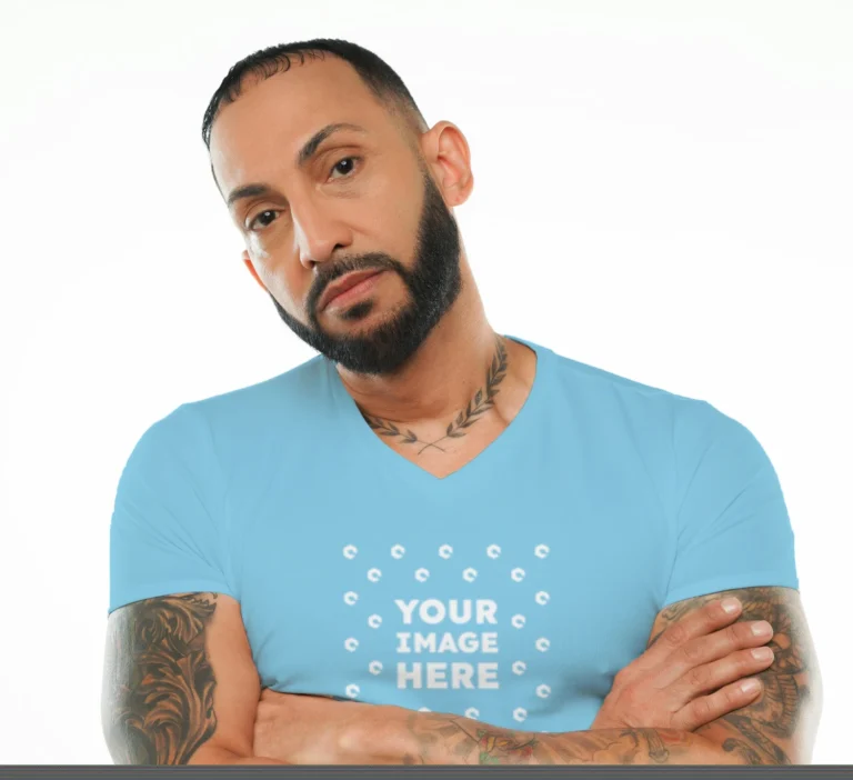 Man Wearing Sky Blue T-shirt Mockup Front View Template