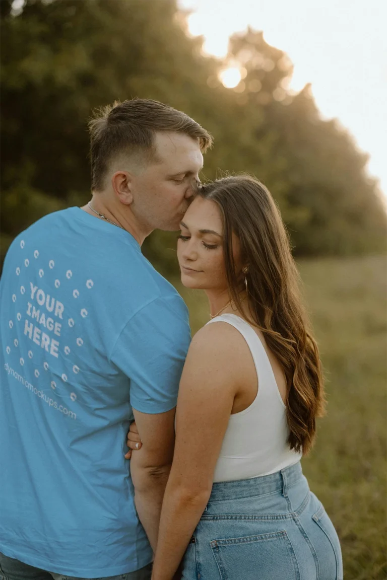 Man Wearing Sky Blue T-shirt Mockup Back View Template